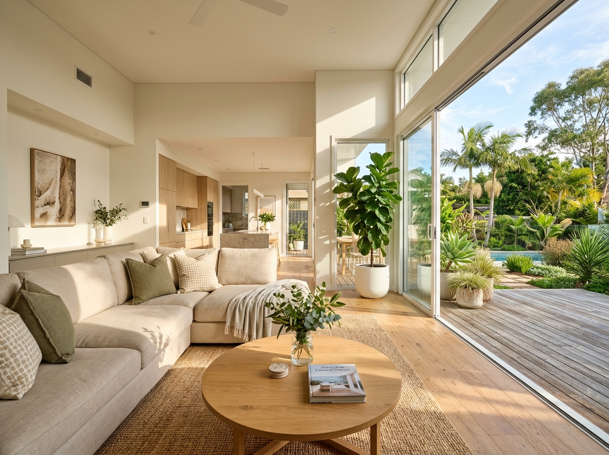 Spotlessly clean, sunlit modern Australian living room with beige sofa, hardwood floors and garden view