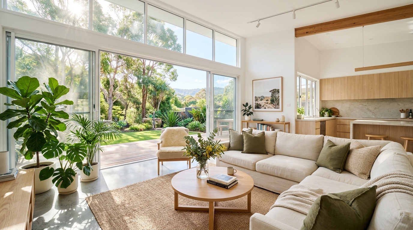 Pristine, sunlit Australian living room with beige sofa and garden view
