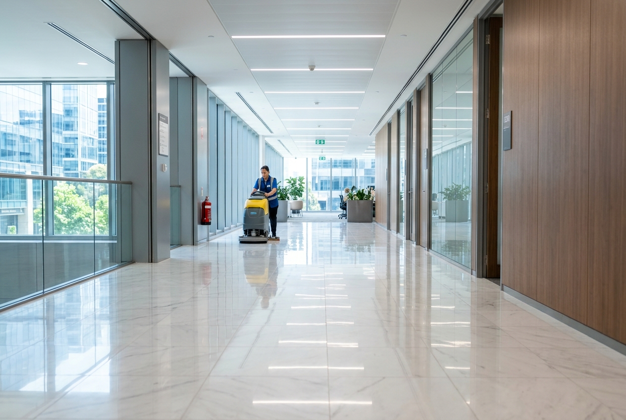 Commercial Cleaning - Gleaming polished commercial building hallway