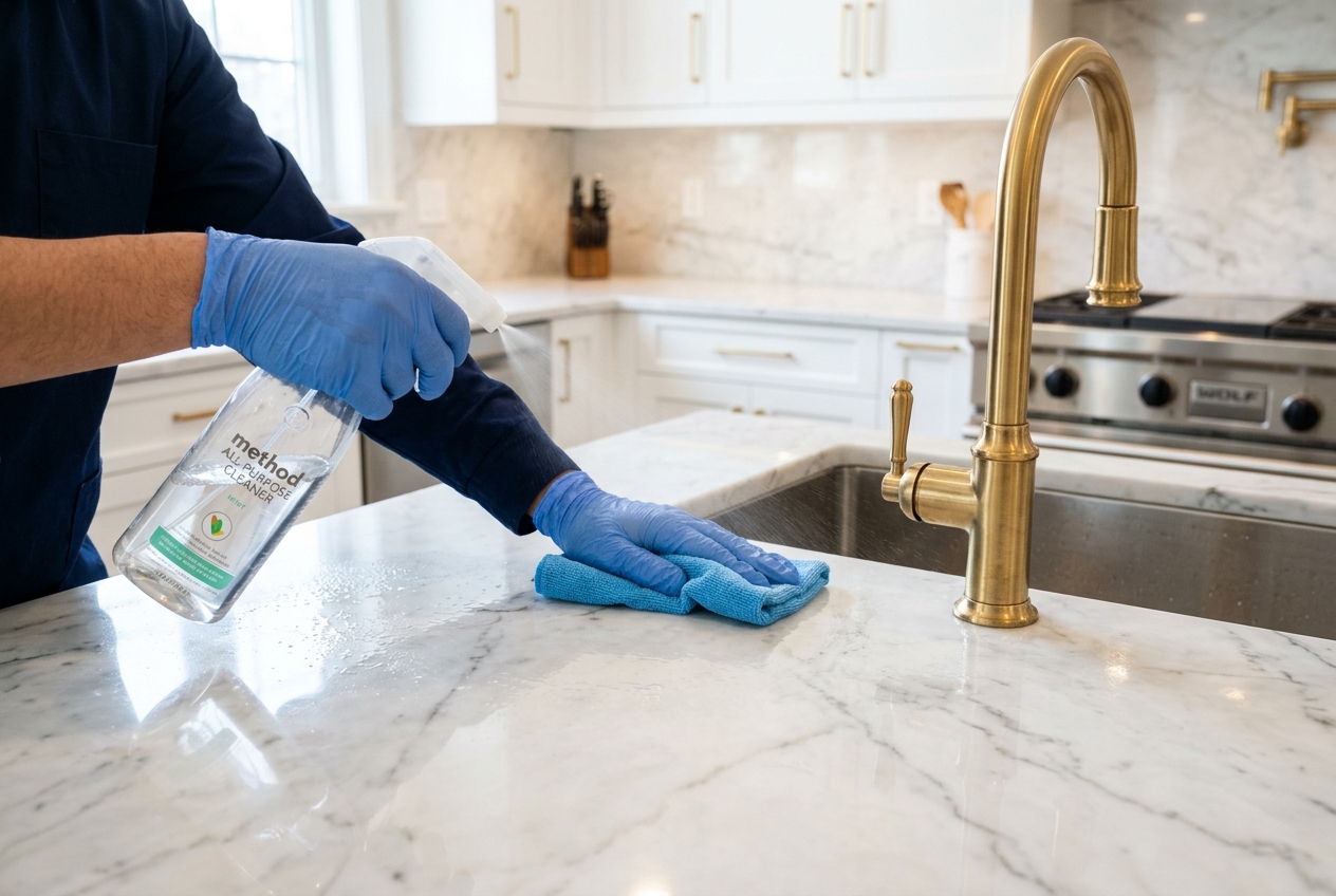 Deep Cleaning - Detailed sanitizing and wiping of marble counter and sink